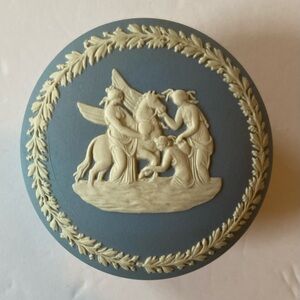 Wedgwood Jasperware Pegasus Trinket Box Blue Cream Round Lidded Classical Relief